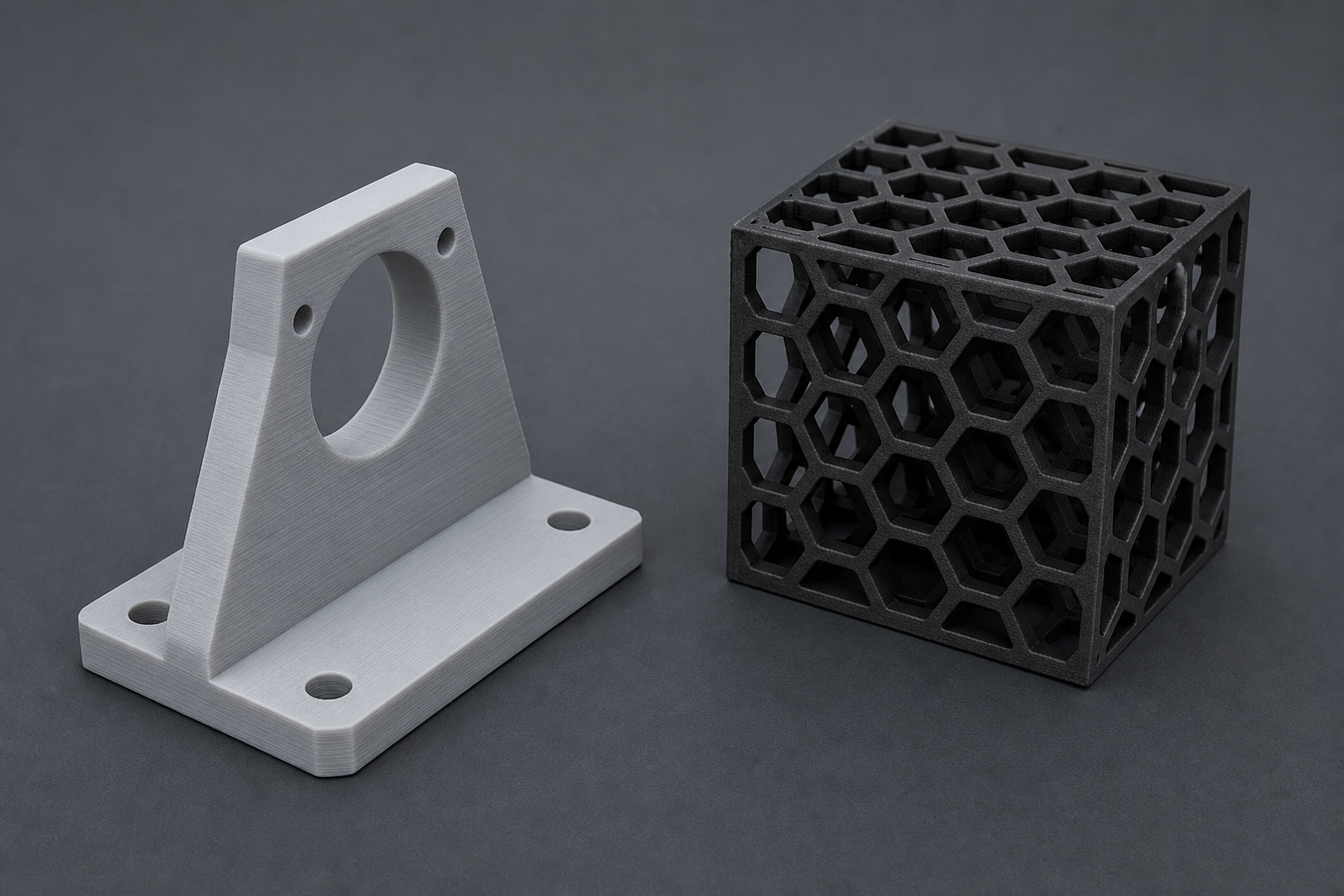 Pezzi stampati in 3D da modelli su commissione: staffa FDM grigia e pannello lattice
