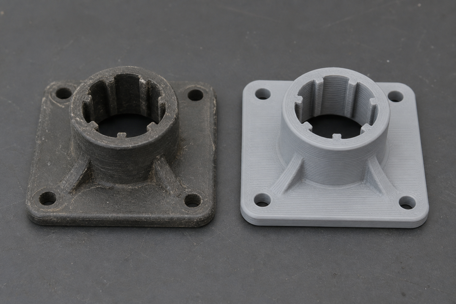 Componente originale e replica stampata in 3D in grigio con layer visibili