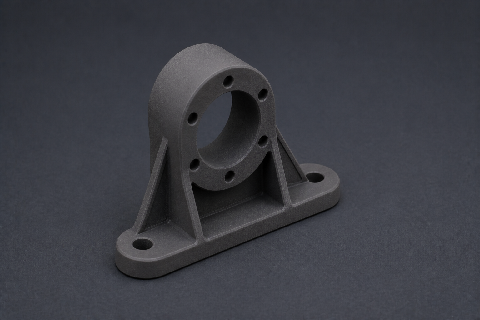 Supporto meccanico in PA12 (finitura powder-bed) con sede, nervature e fori di fissaggio — Castalia Lab