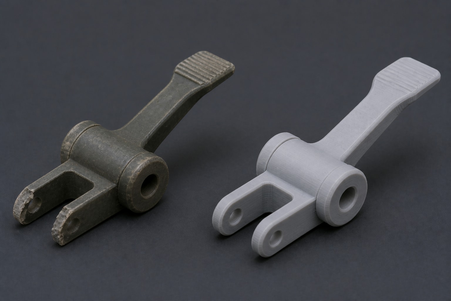 Ricambio originale usurato e riproduzione stampata in 3D — Castalia Lab