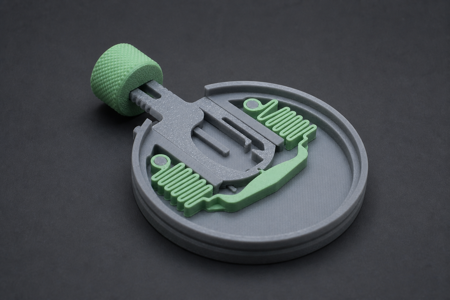Assieme meccanico FDM grigio e verde — Castalia Lab Torino