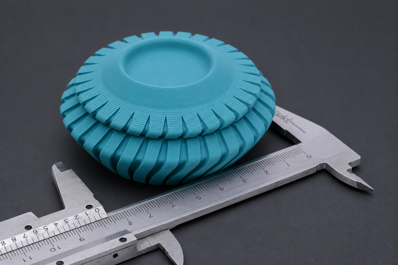 Pezzo stampato in 3D FDM teal con calibro — controllo dimensioni Castalia Lab